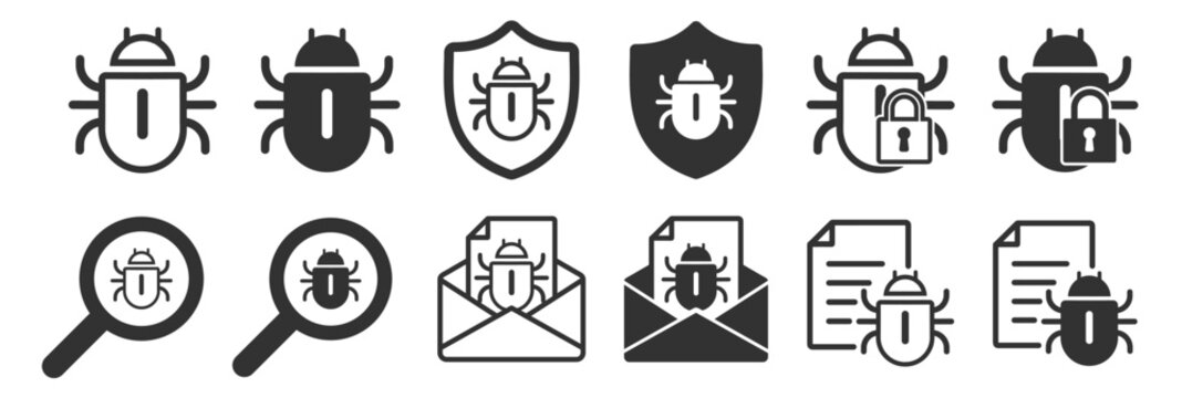 Bug and virus icon set. Malware, phishing and cyber threat symbols on transparent background