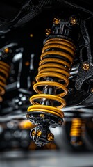 Close-up of High-Performance Motorcycle Suspension System with Yellow Spring and Carbon Fiber Frame, Automotive Engineering and Design