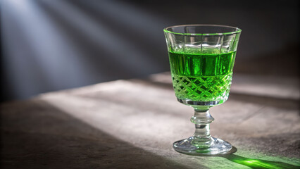 Green absinthe drink glass crystal goblet elegant vintage style on rustic table with dramatic light beam moody bar ambiance