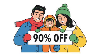 Family Winter Sale: A cheerful family bundled in winter attire gleefully displays a sign advertising a fantastic 90% off sale, evoking feelings of joy and excitement. 