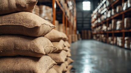 Stacked Burlap Sacks in Warehouse, Rows of Shelves Filled with Goods, Logistics and Supply Chain Management, Industrial Storage and Distribution