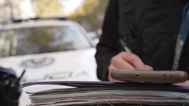 Police officer writing a report near a patrol car