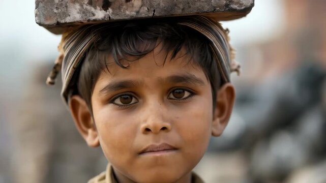 A boy carries a stack of bricks on his head, the background is blurred, the focus is on his facial expression. Useful for highlighting the issues of child labour, social problems, charity campaigns, a