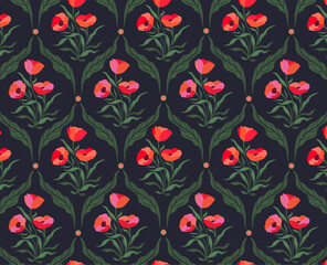 Floral seamless pattern with red poppy flowers on dark green background. Spring inspired poppy flower design for packaging, textile, fabric, Surface design, wrapping, wallpaper, prints, textile, gifts