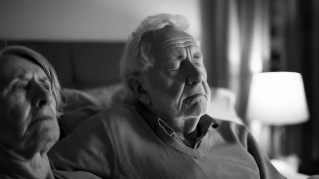 Black-and-white photo of elderly people in bed, one of whom looks worried and the other sick. Can be used in materials about elderly health, social projects for elderly care, articles about medical pr
