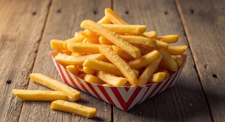 Salty french fries in a striped container on rustic wood.