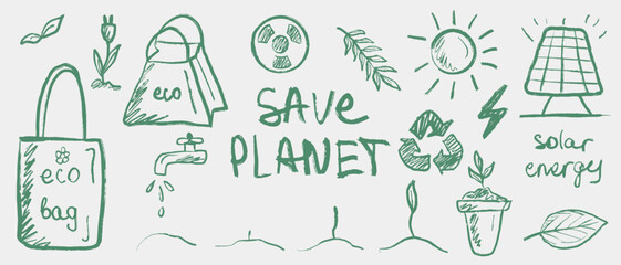 Hand drawn eco set. Vector sketch illustration in playful crayon style with green accents. Includes eco bag, solar panel, faucet, recycling, plants, sun, and Save Planet text. Ecology day banner. © Nataliya Pokrovska