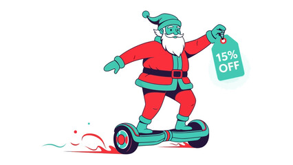 Santa's Festive Ride with Discount Tag: Santa Claus, a jovial figure, zips along on a futuristic hoverboard while brandishing a discount tag.
