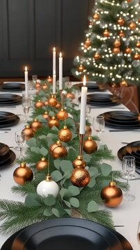 Explore a beautifully arranged table featuring elegant decor, candles, and holiday ornaments for a festive gathering