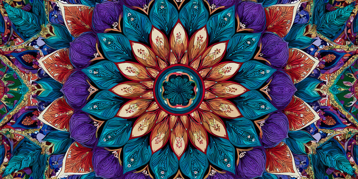 A vibrant kaleidoscopic pattern featuring floral and geometric elements in rich colors - Powered by Adobe