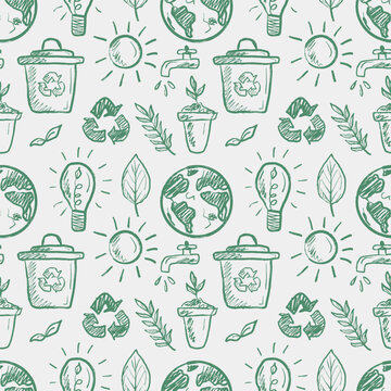 Seamless pattern with ecology symbols in brush stroke texture isolated on white. Hand drawn vector sketch illustration in vintage charcoal ink. Recycling, ecology friendly, zero waste, craft package