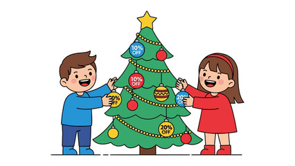 Festive Christmas Moments: Captivating scene featuring two children, adding ornaments on Christmas tree, a heartwarming portrayal of the joyous spirit of the season.