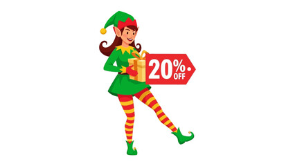 Holiday Offer with Elf: An elf stands in festive attire, presenting a gift box with a 20% off discount, embodying the spirit of holiday cheer and savings.