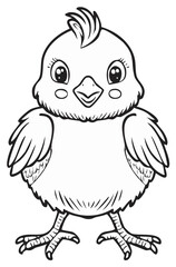 Fototapeta premium Charming outline illustration of a baby chick with big eyes, wings, and feathery details.