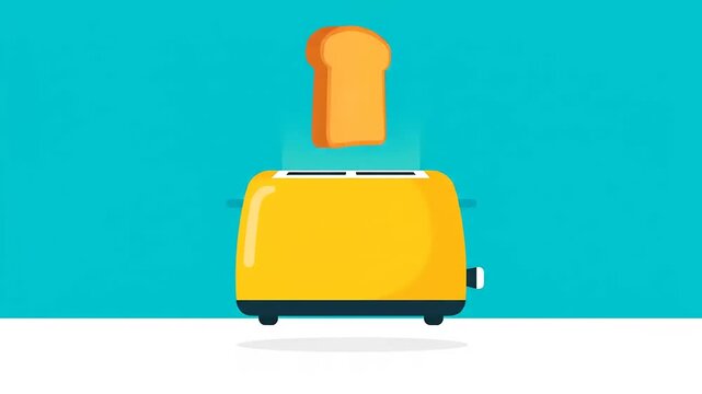 A cartoon illustration of a golden-yellow toaster with a slice of brown toast popping out against a vibrant teal background.