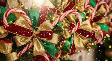 Christmas holiday festive season decoration celebration winter xmas ornament candy cane ribbon bow gift present snowfall