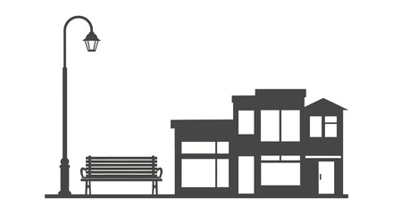 Simple Silhouette Building with Bench and Street Lamp Landscape Illustration