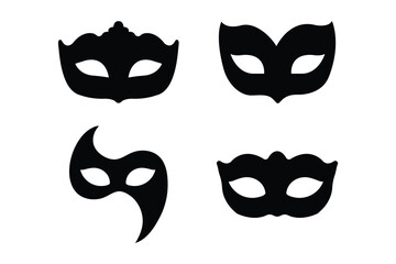 Set of carnival masks silhouettes. Black icons of masquerade masks, for party, parade and carnival, for Mardi Gras and Halloween. Collection of four black silhouette masquerade masks . eps 10 © Aquavisionweath6