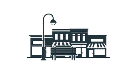 Minimalist Silhouette of Small Town Main Street with Bench and Light