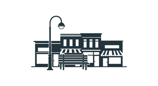 Minimalist Silhouette of Small Town Main Street with Bench and Light