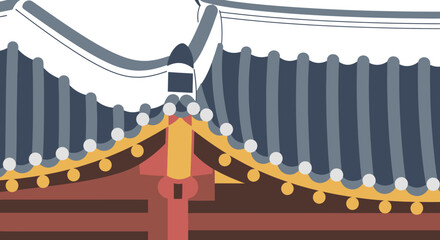 Flat Illustration of Traditional Korean Architecture Building Roof with Curved Design