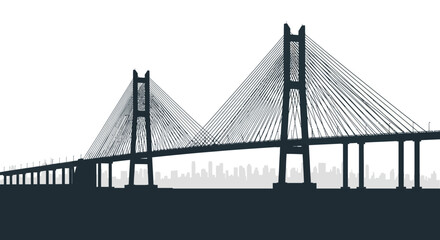 Minimalist Silhouette Cable Stayed Bridge Structure With Cityscape Landscape Illustration