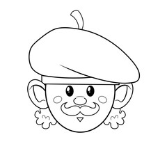 Man with curly hair wearing a beret clip art black and white hand drawn 