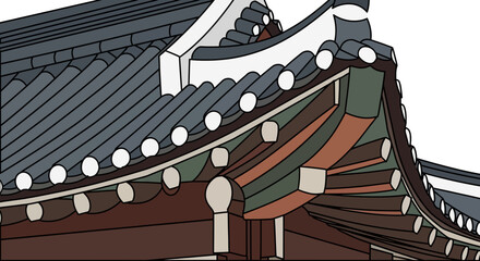 Detailed Line Art Style Korean Traditional Roof Building Architecture Illustration
