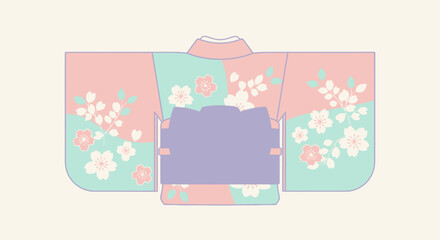 Flat Lay Illustration Pastel Kimono with Floral Motif Japanese Traditional Clothing