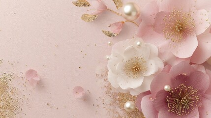 Elegant Floral Arrangement with Pearls on Soft Pink Background for Wedding Invitations and Greeting Cards