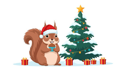 Festive Squirrel and Christmas Celebration: An adorable squirrel, adorned with a Santa hat, holds a cozy cup next to a beautifully decorated Christmas tree, surrounded by wrapped presents.