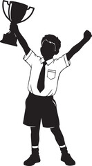 Silhouette of a young boy celebrating victory, holding a trophy high above his head.