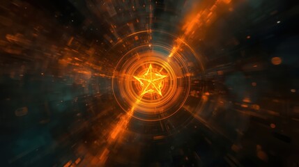 Fototapeta premium Dynamic glowing star bursts through abstract digital tunnel, representing innovation and future progress