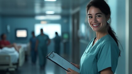 A young Hispanic woman in scrubs smiles while holding a clipboard in a hospital corridor. Medical staff are visible in the background. Space for text is available.