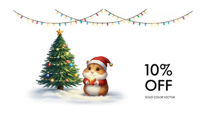 Christmas Hamster with a Discount: A charming illustration features a festive hamster, adorning a Santa hat, standing beside a decorated Christmas tree.