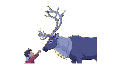 Friendly Encounter: A boy tenderly reaches out to touch a majestic reindeer, a scene that evokes warmth, innocence, and the magic of friendship with nature's giants.