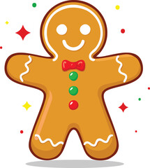 A cheerful gingerbread man cookie with a red bow tie and colorful buttons, surrounded by festive sparkles.