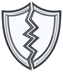 Split and broken security shield emblem illustrating failure, data breach, and vulnerability