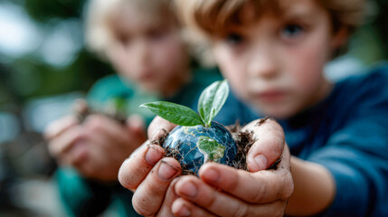 Children carefully holding a small globe with a sprouting plant, representing environmental awareness and future responsibility