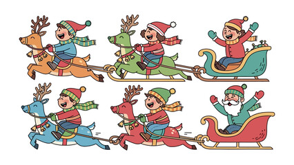 Winter Wonderland: Festive Illustration of a Cheerful Holiday Celebration. A vibrant holiday-themed illustration showcasing a joyful festive season, depicting a happy character riding with reindeer. 