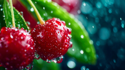 Close-up of shiny cherries covered in water droplets with soft light reflections, symbolizing freshness, sweetness, and summer harvest