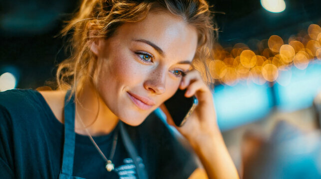 Barista woman in blue apron smiling while taking a phone order, symbolizing customer service, hospitality, and friendly communication