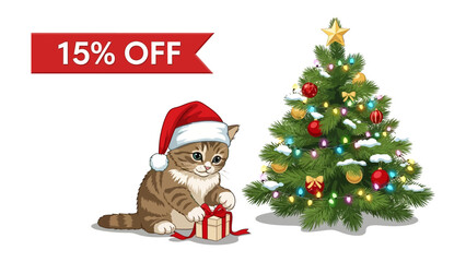 Christmas Cat and Tree: A festive illustration of a charming cat, donning a Santa hat, unwrapping a gift next to a twinkling Christmas tree, symbolizing the joy and anticipation of the holiday season.