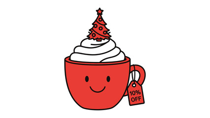 Festive Mug Delight: A cheerful red mug brimming with creamy whipped topping and a tiny Christmas tree, adorned with a sale tag, evoking warmth and holiday cheer.