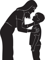 A tender silhouette of a mother gently holding her young son, looking into his eyes with affection and care.