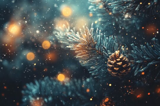 Christmas fir branches with pine cones on dark blue-green background with golden bokeh lights. Creates atmosphere of cozy winter magic and holiday spirit