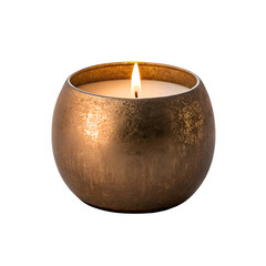 Burning scented candle in a textured copper holder isolated on transparent background