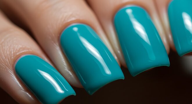 Close-up of a hand showcasing teal-colored, square-shaped nail polish on elegant fingers