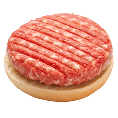 Raw beef burger patty on a bun isolated on transparent background