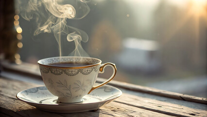 Cup of coffee on a wooden table in the rays of the sun